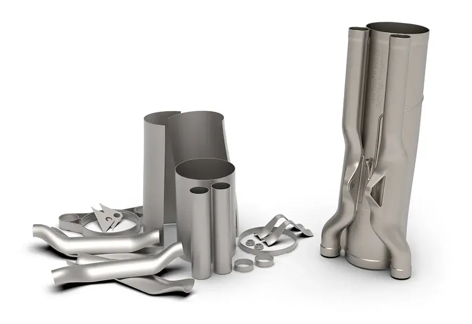 Formel 1-Auspuff, der auf dem Drucker DMP 350 in Metall 3D-gedruckt wurde.