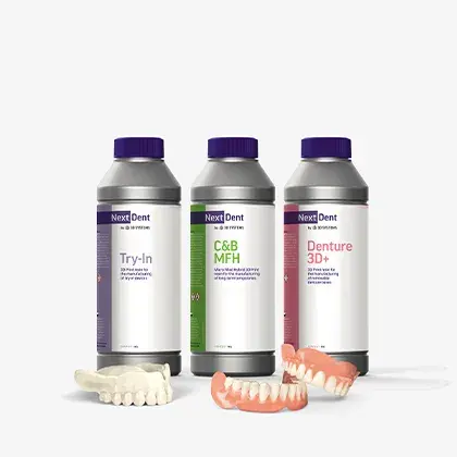 3 Flaschen mit NextDent-Werkstoffen