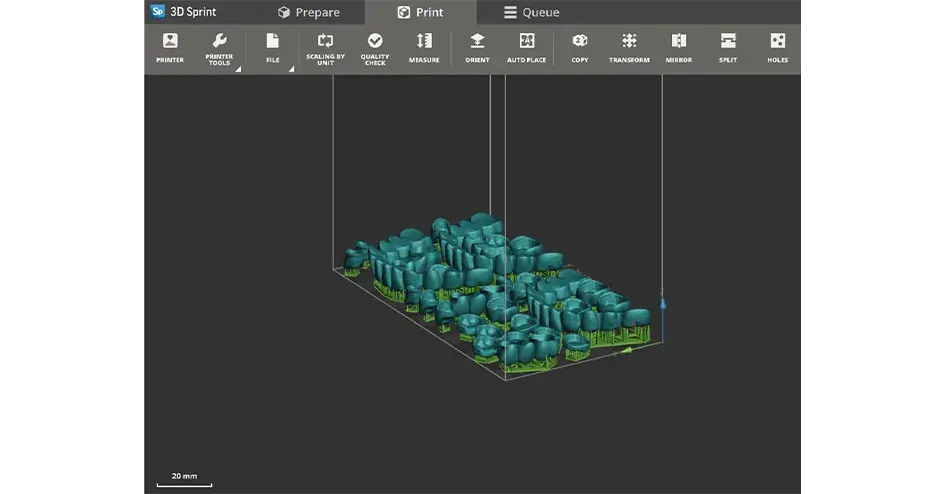 Bildschirmaufnahme von 3D Sprint-Druckmagazin gefüllt mit Dentalteilen