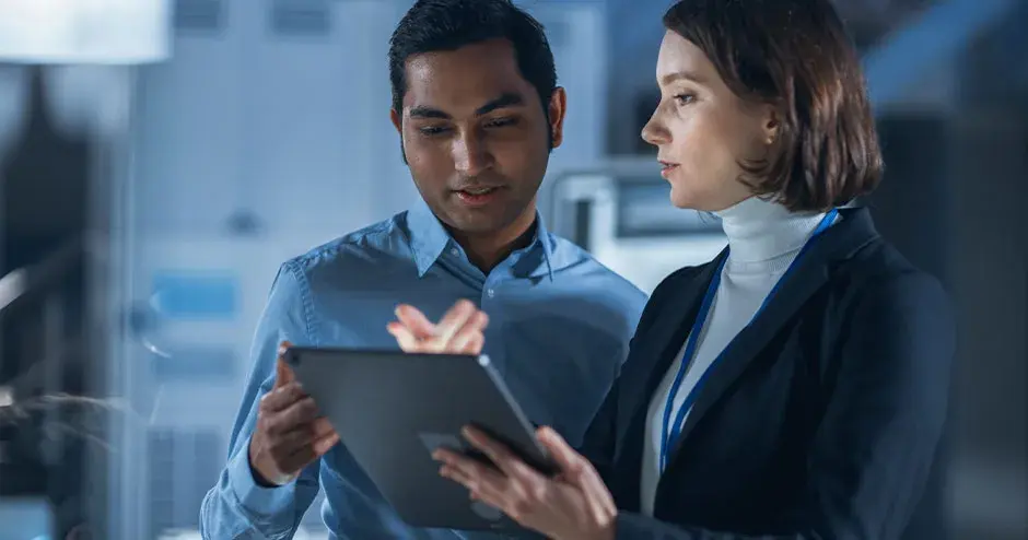 2 Kollegen im Gespräch und bei der Arbeit an einem Tablet