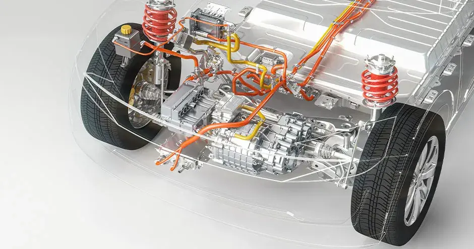 automobilanwendung auto chassis vorderachse roentgen fahrzeug elektromotor zeichnung 3d rendern