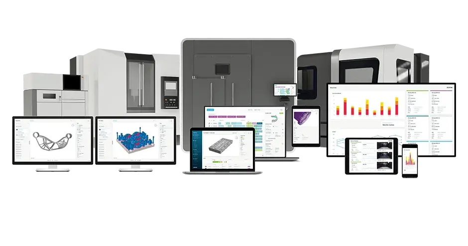 mehrere Desktop-Computer mit verschiedenen Oqton-Softwareansichten
