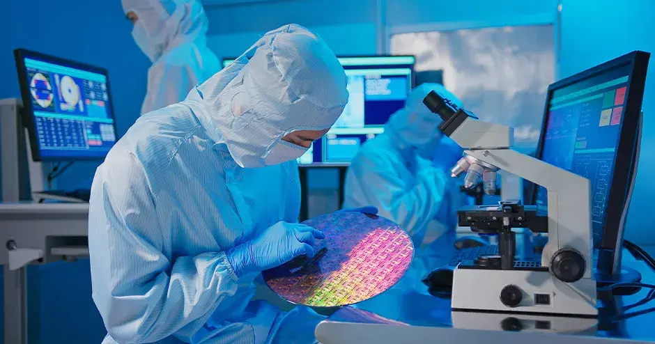 ein Techniker hält einen Wafer in der Hand