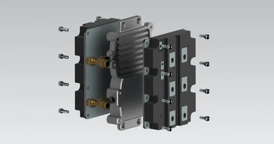 Schnittansicht konturnaher Kühlkanäle in einem Kühlkörper für ein mit additiver Metallfertigung gedrucktes Elektronikmodul