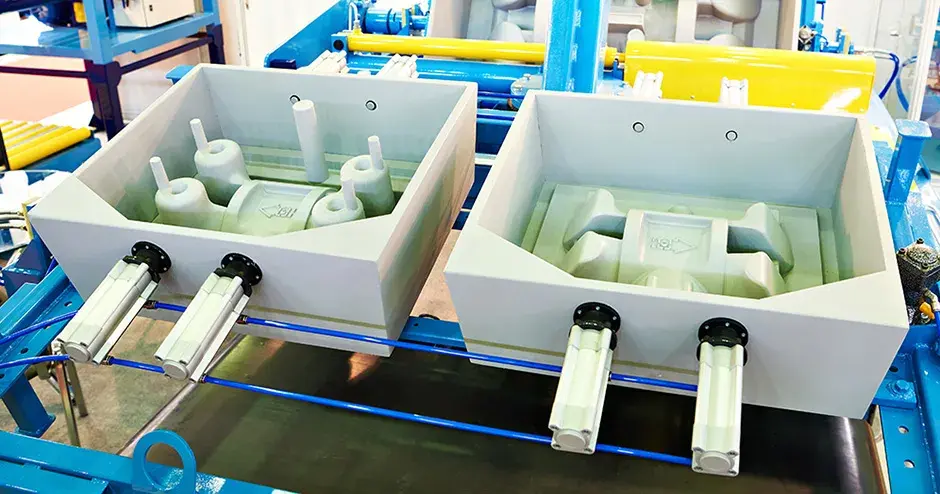 Mit Stereolithografie (SLA) hergestellte Ober- und Unterkästen werden für den Sandgussprozess vorbereitet  