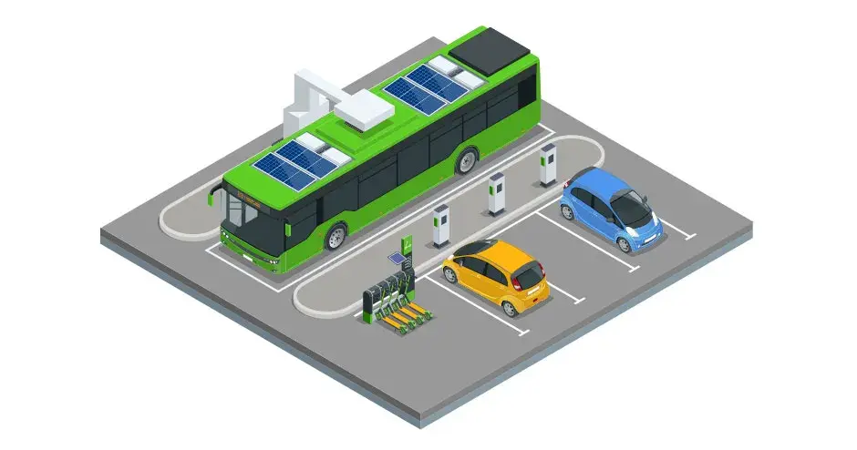 Skizze eines elektrischen Passagierbusses mit einer automatischen Deckenladestation 