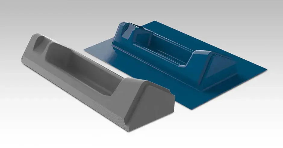 Teil für eine Zug-Inneneinrichtung, das mit einer 3D-gedruckten Form und einem konventionellen Vakuumverfahren hergestellt wurde.