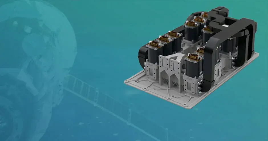 Ein Teil für einen Satelliten mit blauem und türkisfarbenem Hintergrund