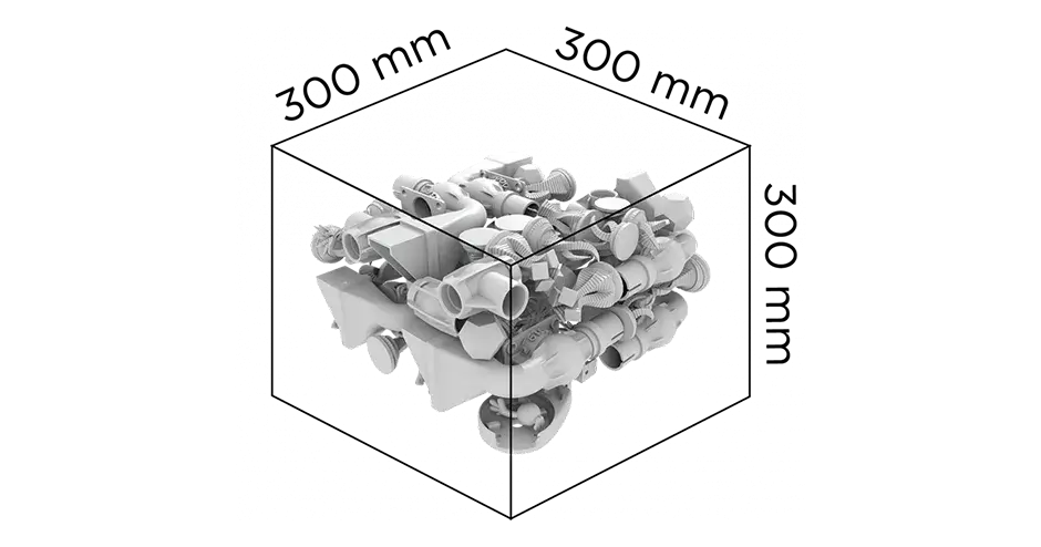 Eine Grafik, die das Bauvolumen des Druckers SLS 300 zeigt