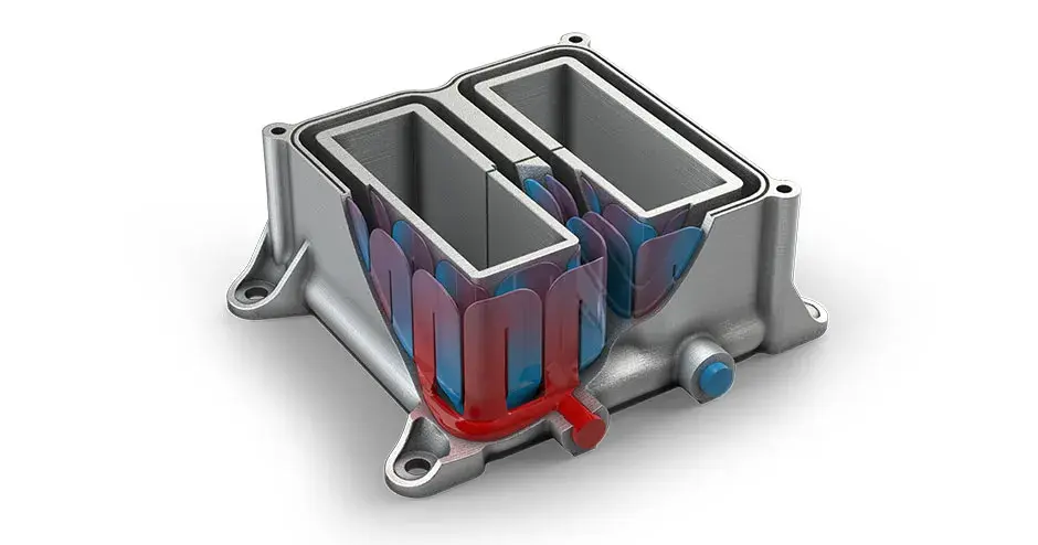 Anschnitt einer linearen Halbleiter-Flüssigkeits-Kühlstufe, der Heiß- und Kaltleitungen anzeigt